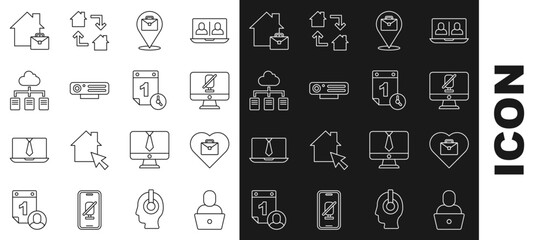 Set line Freelancer, Heart with text work, Mute microphone on computer, Online working, Web camera, and Time management icon. Vector