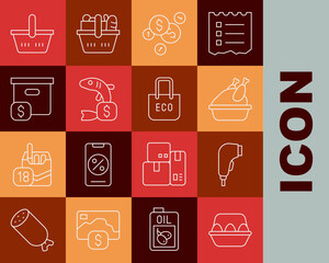Set line Chicken egg in box, Scanner scanning bar code, Roasted turkey or chicken, Coin money with dollar, Price tag for fish, Carton cardboard price, Shopping basket and bag recycle icon. Vector