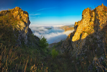 fog in the canyon. Autumn morning in the Dniester river valley. Nature of Ukraine