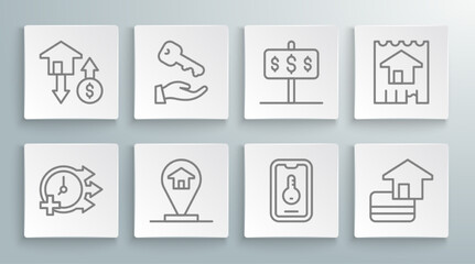 Set line Clock, House key, Location house, Online real estate, Credit card, with dollar, and icon. Vector