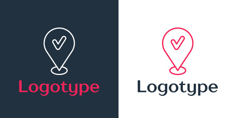 Logotype line Map pin with check mark icon isolated on white background. Navigation, pointer, location, map, gps, direction, place, compass, search concept. Logo design template element. Vector
