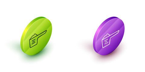Isometric line Washing powder in a measuring cup icon isolated on white background. Green and purple circle buttons. Vector