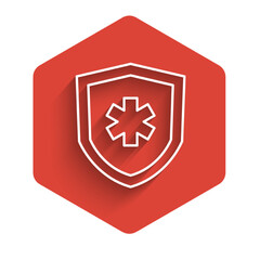 White line Life insurance icon isolated with long shadow background. Security, safety, protection, protect concept. Red hexagon button. Vector