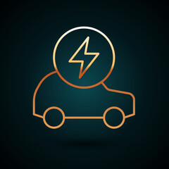 Gold line Electric car and electrical cable plug charging icon isolated on dark blue background. Renewable eco technologies. Vector