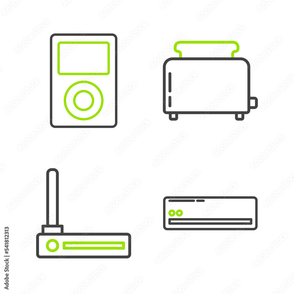 Sticker Set line Air conditioner, Router and wi-fi signal, Toaster with toasts and Music player icon. Vector