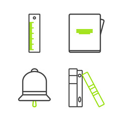 Set line Office folders with papers and documents, Ringing bell, Notebook and Ruler icon. Vector