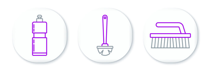 Set line Brush for cleaning, Plastic bottles liquid dishwashing liquid and Toilet brush icon. Vector