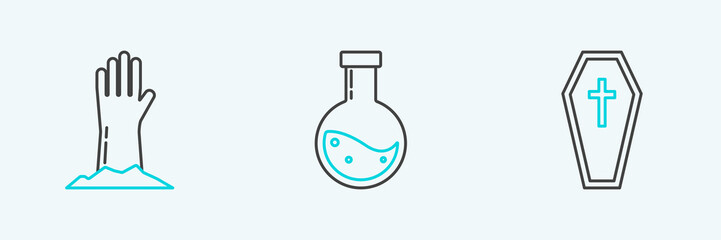 Set line Coffin with christian cross, Zombie hand and Bottle potion icon. Vector