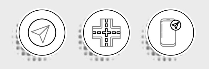 Set line Infographic of city map navigation, Paper airplane and Road traffic sign icon. Vector