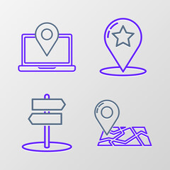Set line Folded map with location marker, Road traffic sign, Map pointer star and Laptop icon. Vector