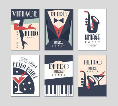 Retro Party Poster and Invitation Cards with Cocktail in Glass and Jazz Musical Instruments Vector Set