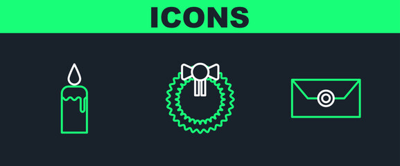 Set line Envelope with christmas party invitation card, Burning candle candlestick and Christmas wreath icon. Vector