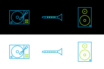Set line Stereo speaker, Vinyl player with vinyl disk and Clarinet icon. Vector