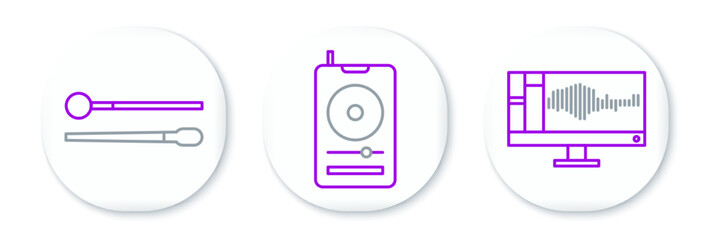 Set line Sound or audio recorder on monitor, Drum sticks and Music player icon. Vector
