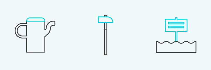 Set line Blank wooden sign board, Watering can and Hammer icon. Vector