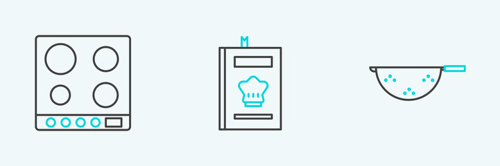 Set line Kitchen colander, Gas stove and Cookbook icon. Vector