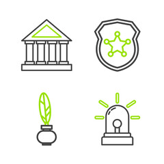 Set line Flasher siren, Feather and inkwell, Police badge and Courthouse building icon. Vector
