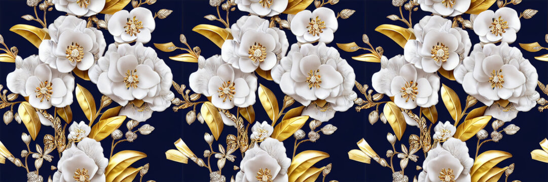 Beautiful floral jewelry wallpaper. Seamless repeat pattern for wallpaper, fabric and paper packaging, curtains, duvet covers, pillows, digital print design. 3d illustration	