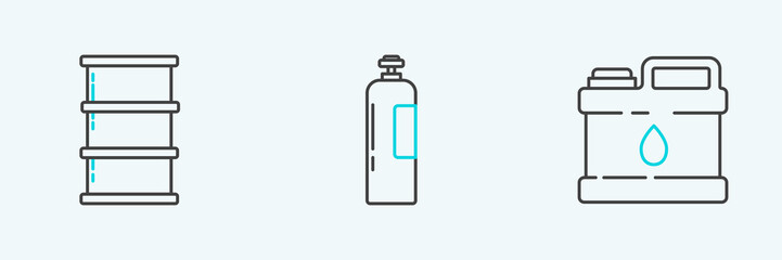 Set line Canister for motor machine oil, Barrel and Industrial gas cylinder tank icon. Vector