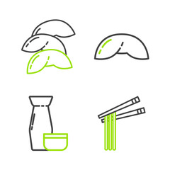 Set line Asian noodles and chopsticks, Traditional Japanese tea ceremony, Chinese fortune cookie and icon. Vector