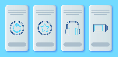 Set line Star, Headphones, Power button and Battery charge level indicator icon. Vector