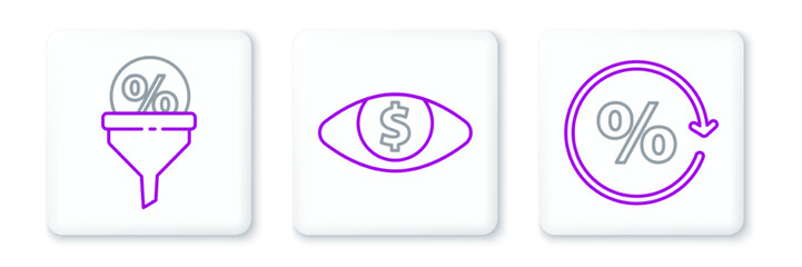 Set line Discount percent tag, Lead management and Eye with dollar icon. Vector