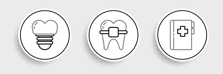 Set line Clipboard with dental card, Dental implant and Teeth braces icon. Vector