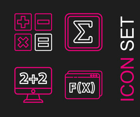 Set line Function mathematical symbol, Equation solution, Sigma and Calculator icon. Vector
