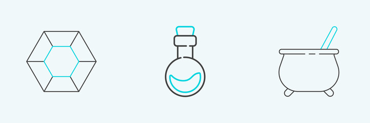 Set line Witch cauldron, Magic stone and Bottle with love potion icon. Vector