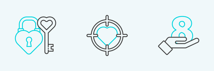 Set line 8 March on hand, Castle key in heart shape and Heart the center of target aim icon. Vector