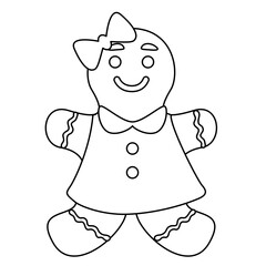 Cute gingerbread girl cookie for Christmas, doodle style flat vector outline for kids coloring book