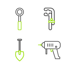 Set line Electric drill machine, Shovel, Clamp tool and Wrench spanner icon. Vector