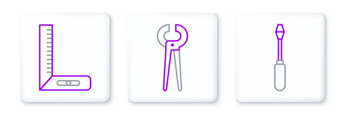 Set line Screwdriver, Corner ruler and Pincers and pliers icon. Vector