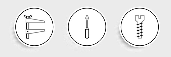 Set line Metallic screw, Clamp tool and Screwdriver icon. Vector - obrazy, fototapety, plakaty