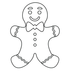 Cute gingerbread man cookie for Christmas, doodle vector outline illustration for coloring book