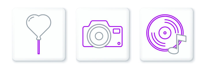Set line Vinyl disk, Balloon form of heart and Photo camera icon. Vector