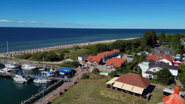 doku film scene opening. Dramatic aerial view flight island poel lighthouse