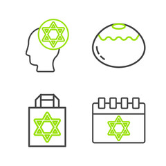 Set line Jewish calendar, Shopping bag with star of david, sweet bakery and Orthodox jewish hat icon. Vector