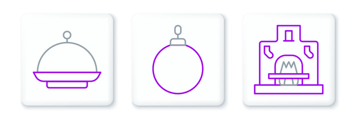 Set line Interior fireplace, Christmas covered with tray and ball icon. Vector