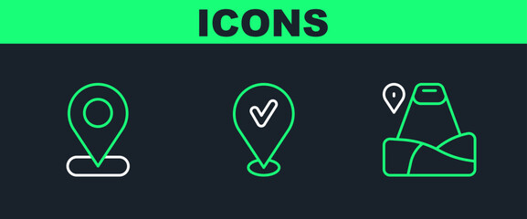 Set line Location with mountain, and check mark icon. Vector