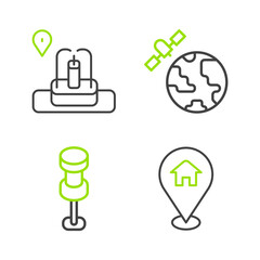 Set line Location with house, Push pin, Satellites orbiting the planet and fountain icon. Vector