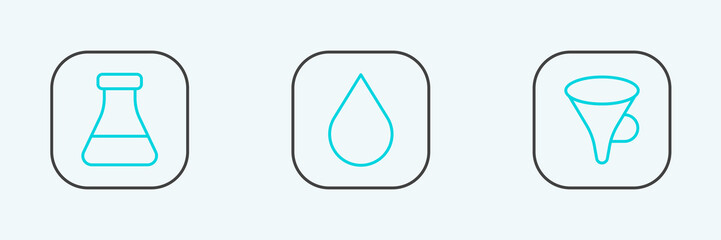 Set line Funnel or filter, Test tube and flask and Water drop icon. Vector
