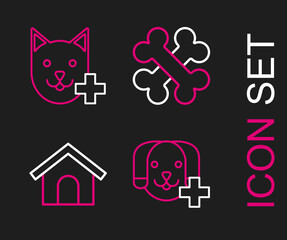 Set line Veterinary clinic symbol, Dog house, Crossed bones and icon. Vector
