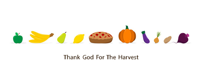 Thanksgiving for the harvest. A set of different fruits and vegetables and a cherry pie in the center.