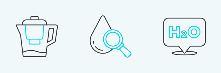 Set line Chemical formula for H2O, Water jug with filter and Drop and magnifying glass icon. Vector