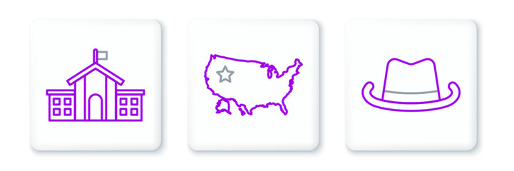 Set line Western cowboy hat, United States Capitol Congress and USA map icon. Vector