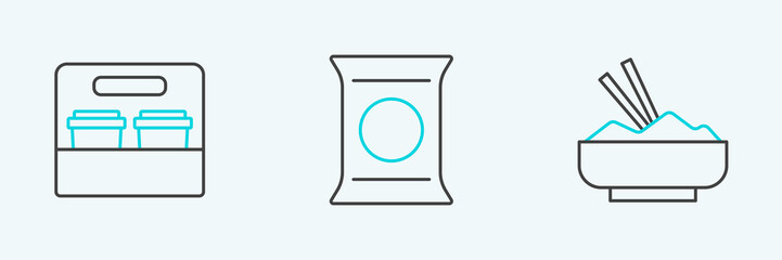 Set line Rice in a bowl with chopstick, Coffee cup to go and Bag or packet potato chips icon. Vector