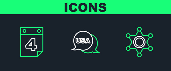 Set line Hexagram sheriff, Calendar with date July 4 and USA Independence day icon. Vector