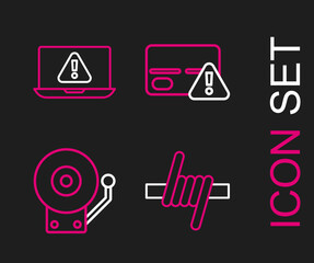 Set line Barbed wire, Ringing alarm bell, Credit card and Laptop with exclamation mark icon. Vector