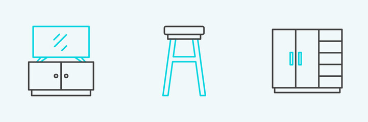 Set line Wardrobe, TV table stand and Chair icon. Vector